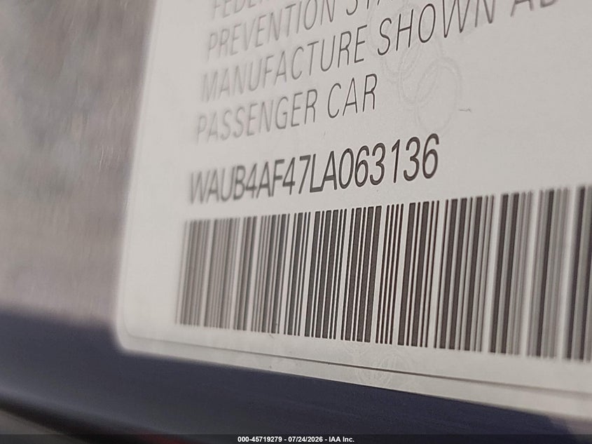 2020 Audi S4 VIN WAUB4AF47LA063136 IAAI salvage auction — FRONT END, Salvage Title, sold $9,500 on 2026-08-28 (photo 9)