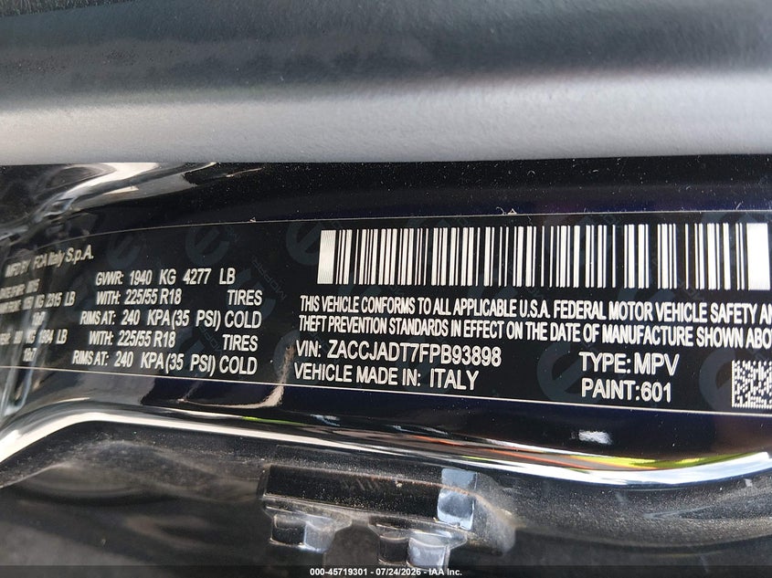 2015 Jeep Renegade VIN ZACCJADT7FPB93898 IAAI salvage auction — RIGHT SIDE, Wait Title, sold $1,100 on 2026-08-12 (photo 9)