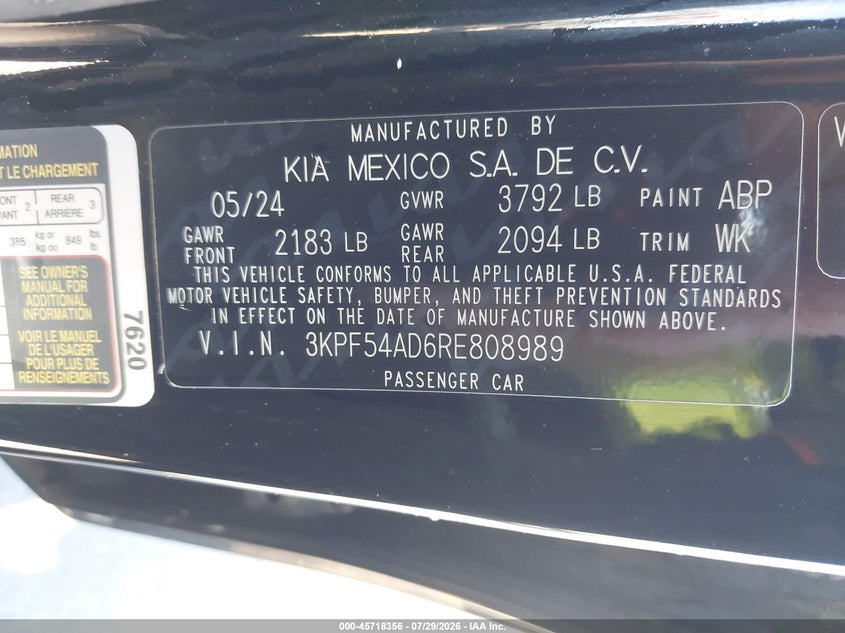 2024 Kia Forte VIN 3KPF54AD6RE808989 IAAI salvage auction — Left Front, Salvage, sold $5,400 on 2026-09-22 (photo 9)