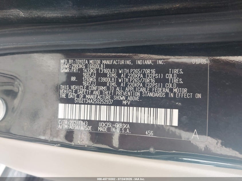 2005 Toyota Sequoia VIN 5TDZT34A25S252937 IAAI salvage auction — NORMAL WEAR, Clear (Tennessee), sold $650 on 2026-07-31 (photo 9)
