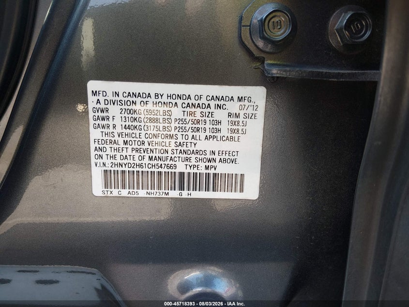 2012 Acura Mdx VIN 2HNYD2H61CH547669 IAAI salvage auction — FRONT END, Salvage (Tennessee), sold $150 on 2026-09-08 (photo 9)