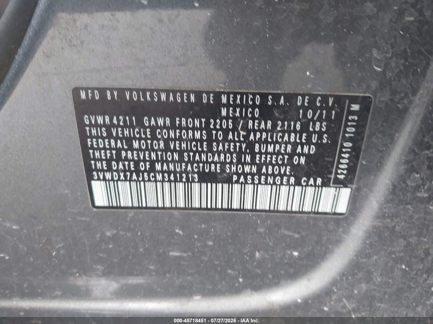 2012 Volkswagen Jetta VIN 3VWDX7AJ5CM341213 IAAI salvage auction — NORMAL WEAR, Clear (Montana), sold $325 on 2026-08-21 (photo 9)