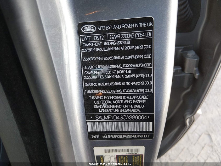 2012 Land rover RANGE ROVER VIN SALMF1D43CA389064 IAAI salvage auction — NORMAL WEAR, Clear - Dealer Only (California), sold $25 on 2026-07-29 (photo 9)