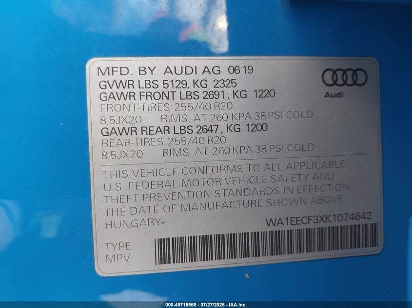 2019 Audi Q3 VIN WA1EECF3XK1074642 IAAI salvage auction — FRONT END, Salvage Title, sold $8,100 on 2026-08-19 (photo 9)