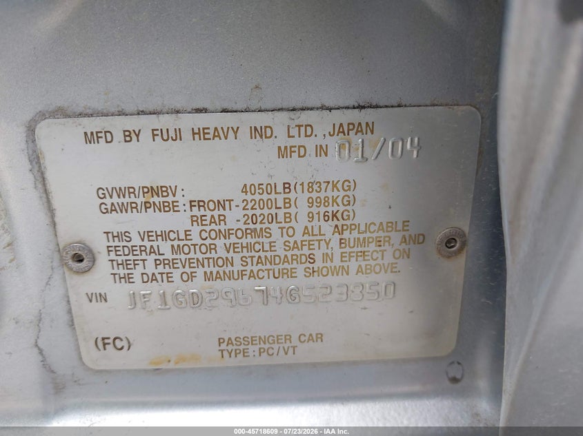 2004 Subaru Impreza VIN JF1GD29674G523850 IAAI salvage auction — HAIL, Original (Texas), sold $1,050 on 2026-07-28 (photo 9)