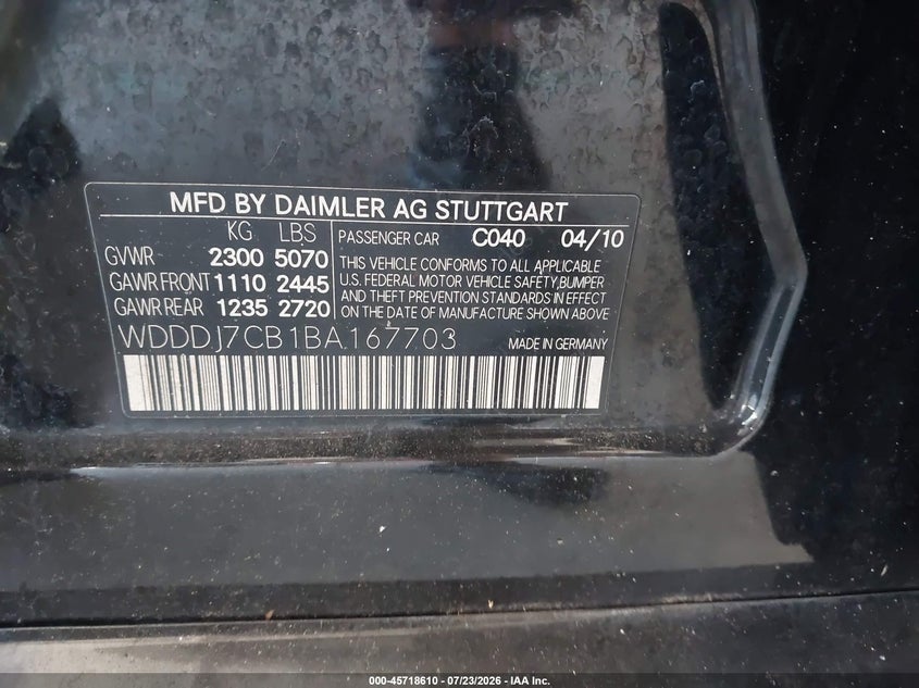 2011 Mercedes-benz Cls-klasse VIN WDDDJ7CB1BA167703 IAAI salvage auction — NORMAL WEAR, Clear (Florida), sold $800 on 2026-08-05 (photo 9)
