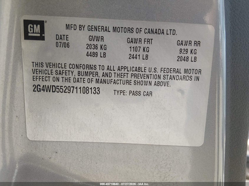 2007 Buick Lacrosse VIN 2G4WD552971108133 IAAI salvage auction — NORMAL WEAR, Clear (Arkansas), sold $500 on 2026-08-01 (photo 9)