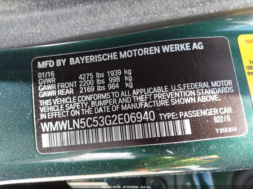 2016 Mini Clubman VIN WMWLN5C53G2E06940 IAAI salvage auction — NORMAL WEAR, Salvage Title, sold $1,100 on 2026-08-17 (photo 9)