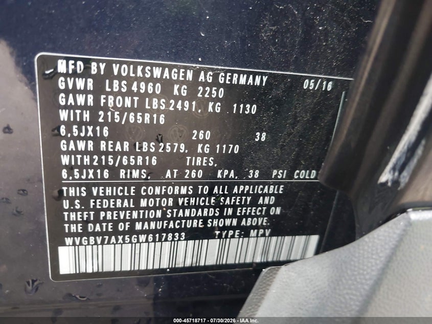 2016 Volkswagen Tiguan VIN WVGBV7AX5GW617833 IAAI salvage auction — ROLLOVER, Salvage Title, sold $425 on 2026-08-19 (photo 9)