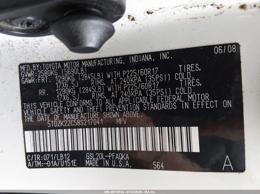 2008 Toyota Sienna VIN 5TDZK22C58S217041 IAAI salvage auction — NORMAL WEAR, Clear (Virginia), sold $500 on 2026-07-28 (photo 9)