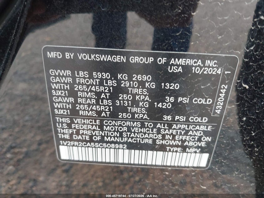 2025 Volkswagen Atlas VIN 1V2FR2CA5SC508982 IAAI salvage auction — REAR END, Salvage (Montana), sold $18,175 on 2026-09-09 (photo 9)