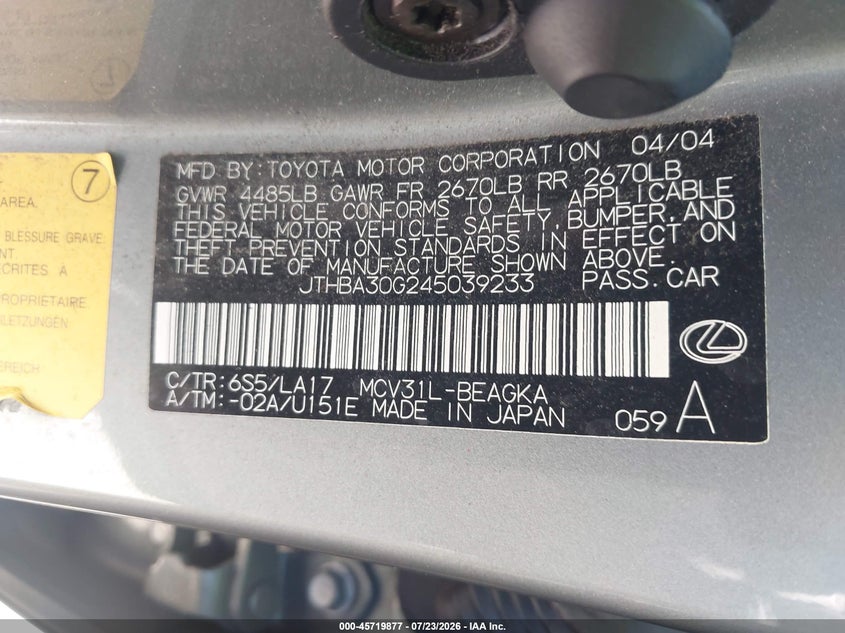 2004 Lexus ES VIN JTHBA30G245039233 IAAI salvage auction — NORMAL WEAR, Clear - Dealer Only (California), sold $500 on 2026-07-30 (photo 9)