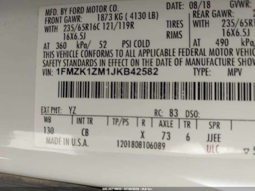 2018 Ford Transit 150 VIN 1FMZK1ZM1JKB42582 IAAI salvage auction — NORMAL WEAR, SF97 (California), sold $17,125 on 2026-08-25 (photo 9)