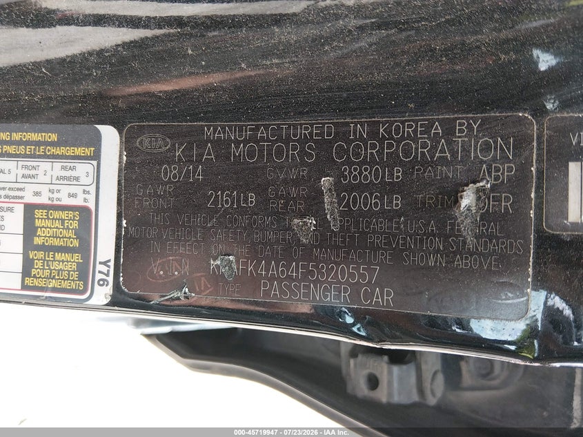 2015 Kia Forte VIN KNAFK4A64F5320557 IAAI salvage auction — NORMAL WEAR, Clear (Virginia), sold $400 on 2026-07-31 (photo 9)
