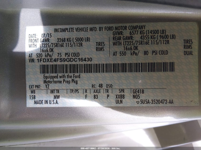 2016 Ford Econoline VIN 1FDXE4FS9GDC16430 IAAI salvage auction — SIDE, Salvage Title, sold $22,000 on 2026-08-25 (photo 9)