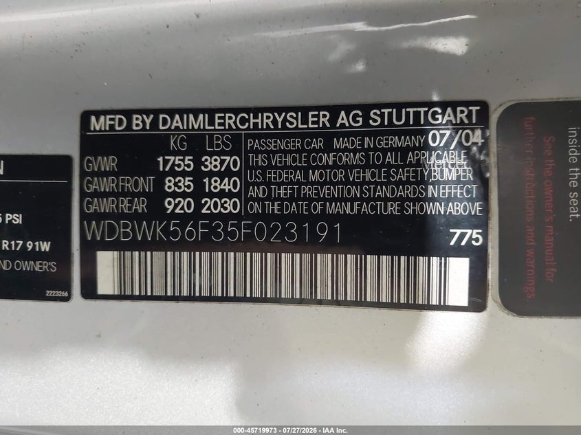 2005 Mercedes-benz Slk-class VIN WDBWK56F35F023191 IAAI salvage auction — MECHANICAL, Clear (New York), sold $925 on 2026-08-05 (photo 9)