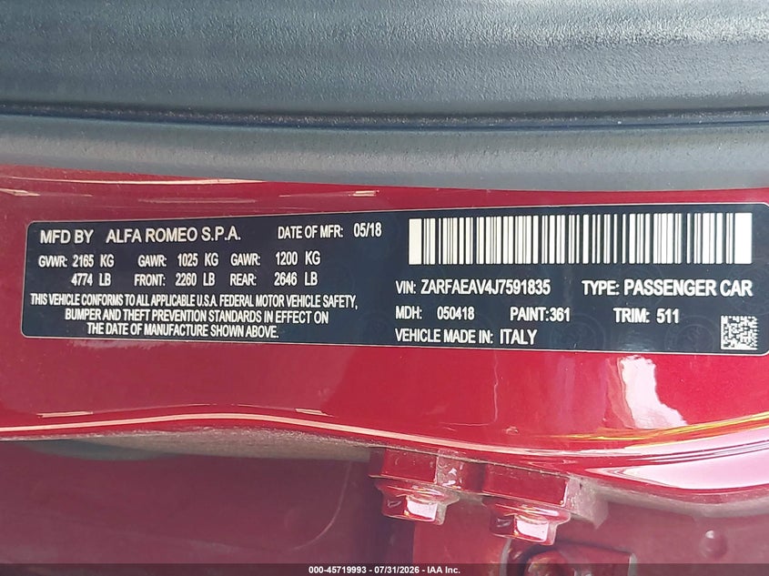 2018 Alfa romeo Giulia VIN ZARFAEAV4J7591835 IAAI salvage auction — FRONT END, Clear (New Jersey), sold $20,850 on 2026-08-03 (photo 9)