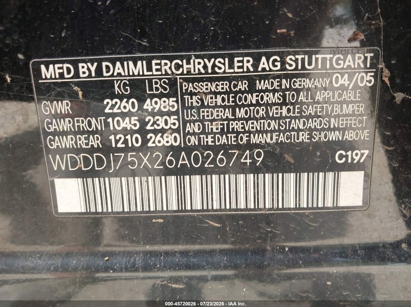 2006 Mercedes-benz Cls-klasse VIN WDDDJ75X26A026749 IAAI salvage auction — NORMAL WEAR, Salvage (Pennsylvania), sold $175 on 2026-07-28 (photo 9)