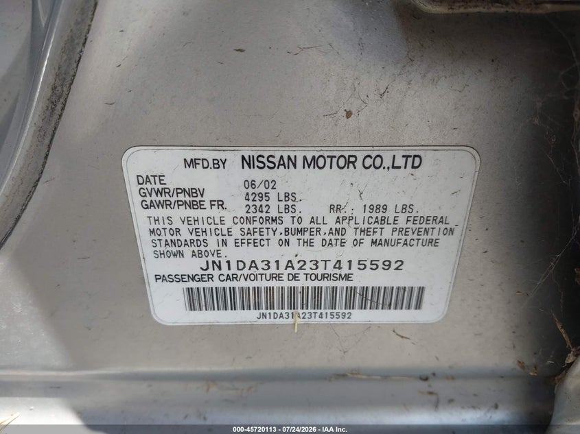 2003 Nissan Maxima VIN JN1DA31A23T415592 IAAI salvage auction — NORMAL WEAR, Clear - Dealer Only (California), sold $125 on 2026-07-30 (photo 9)