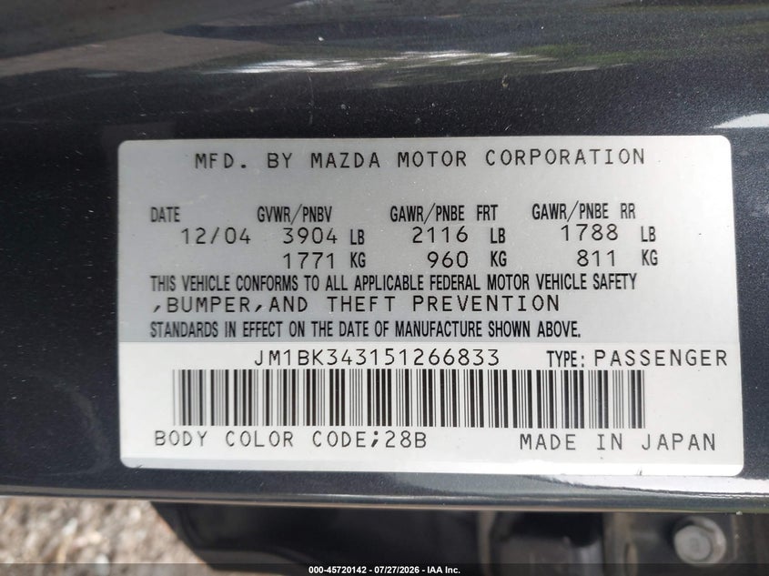 2005 Mazda 3 VIN JM1BK343151266833 IAAI salvage auction — NORMAL WEAR, Clear (Virginia), sold $25 on 2026-07-28 (photo 9)