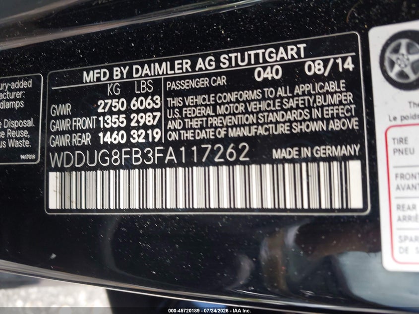 2015 Mercedes-benz S-klasse VIN WDDUG8FB3FA117262 IAAI salvage auction — LEFT FRONT, Salvage Title, sold $8,100 on 2026-08-24 (photo 9)