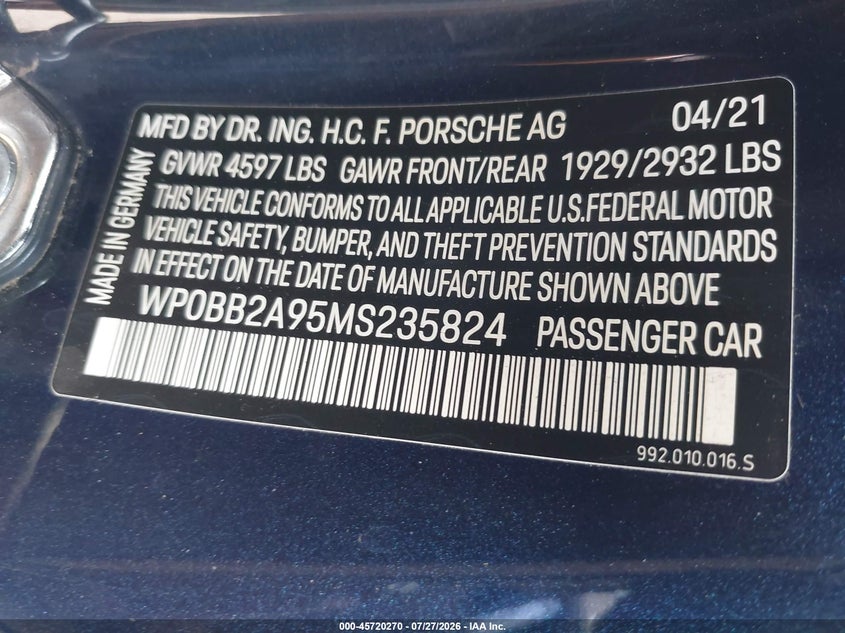 2021 Porsche 911 VIN WP0BB2A95MS235824 IAAI salvage auction — WATER/FLOOD, Salvage Title, sold $87,500 on 2026-08-18 (photo 9)