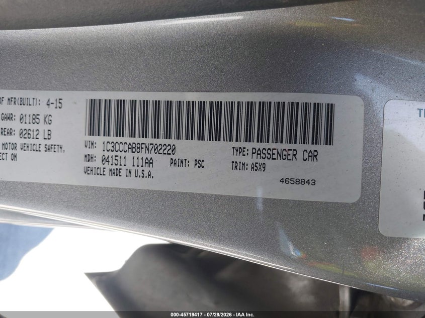 2015 Chrysler 200 VIN 1C3CCCAB8FN702220 IAAI salvage auction — FRONT END, Salvage Title, sold $300 on 2026-08-20 (photo 9)
