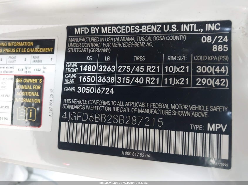 2025 Mercedes-benz Amg gle coupe VIN 4JGFD6BB2SB287215 IAAI salvage auction — REAR END, Wait Title, sold $59,500 on 2026-09-08 (photo 9)