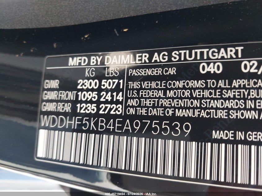 2014 Mercedes-benz E-klasse VIN WDDHF5KB4EA975539 IAAI salvage auction — NORMAL WEAR, Clear - Dealer Only (California), sold $25 on 2026-07-30 (photo 9)