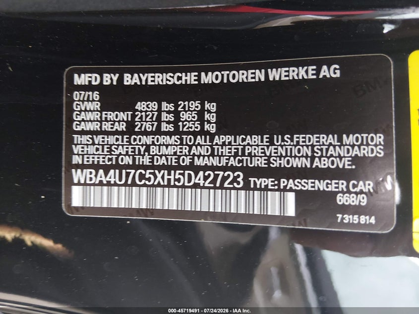 2017 BMW 4er VIN WBA4U7C5XH5D42723 IAAI salvage auction — FRONT END, Wait Title, sold $3,200 on 2026-08-13 (photo 9)