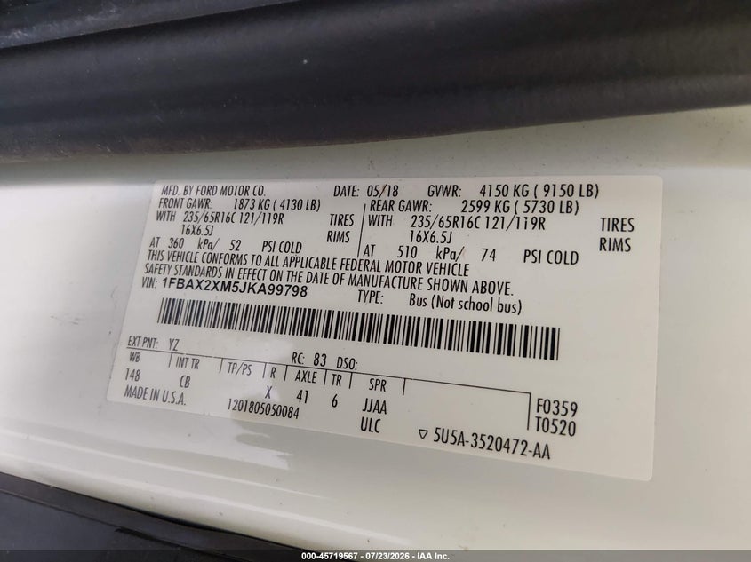 2018 Ford Transit-350 VIN 1FBAX2XM5JKA99798 IAAI salvage auction — NORMAL WEAR, Sf97 (Oklahoma), sold $15,200 on 2026-09-03 (photo 9)