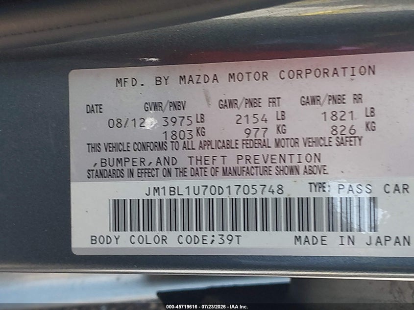 2013 Mazda 3 VIN JM1BL1U70D1705748 IAAI salvage auction — NORMAL WEAR, Wait Title, sold $50 on 2026-07-30 (photo 9)