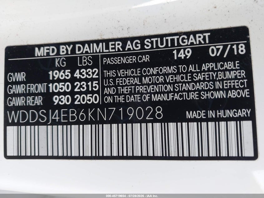2019 Mercedes-benz Cla-klasse VIN WDDSJ4EB6KN719028 IAAI salvage auction — MECHANICAL, Wait Title, sold $3,050 on 2026-08-13 (photo 9)