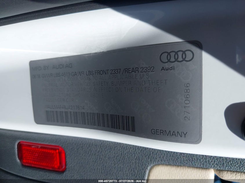 2018 Audi A4 VIN WAULMAF48JA217614 IAAI salvage auction — SIDE, Salvage Certificate (California), sold $6,100 on 2026-08-02 (photo 9)