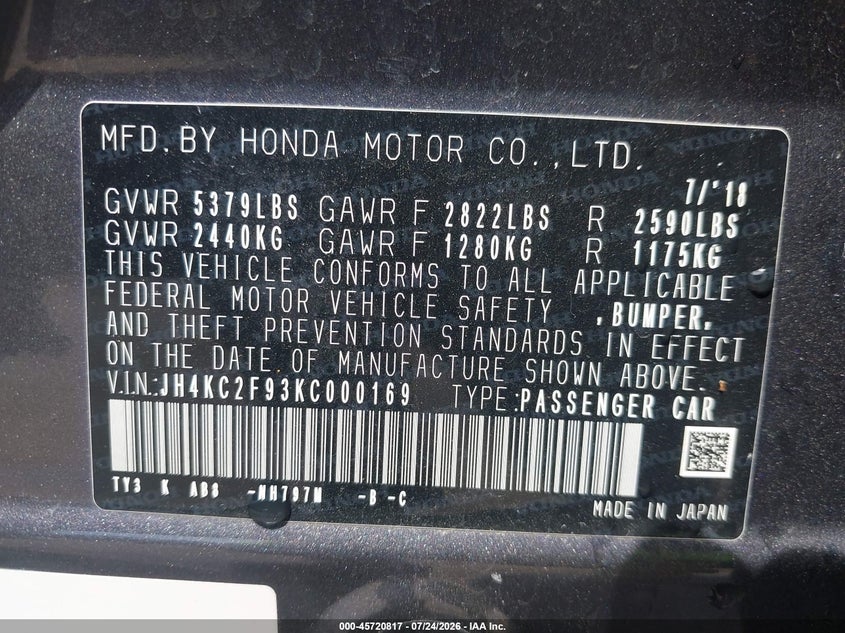 2019 Acura RLX VIN JH4KC2F93KC000169 IAAI salvage auction — ROOF, Salvage Title, sold $10,500 on 2026-08-19 (photo 9)