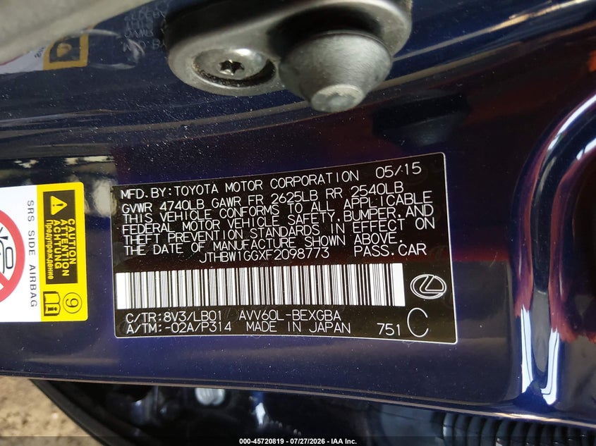 2015 Lexus ES VIN JTHBW1GGXF2098773 IAAI salvage auction — RIGHT SIDE, Salvage Title, sold $4,650 on 2026-09-10 (photo 9)