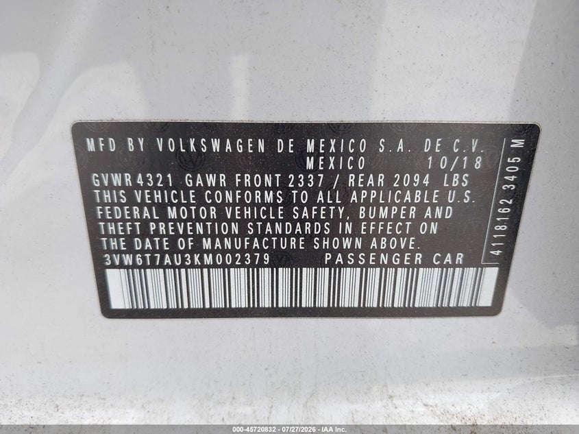2019 Volkswagen Golf gti VIN 3VW6T7AU3KM002379 IAAI salvage auction — NORMAL WEAR, Salvage Title, sold $10,600 on 2026-08-20 (photo 9)