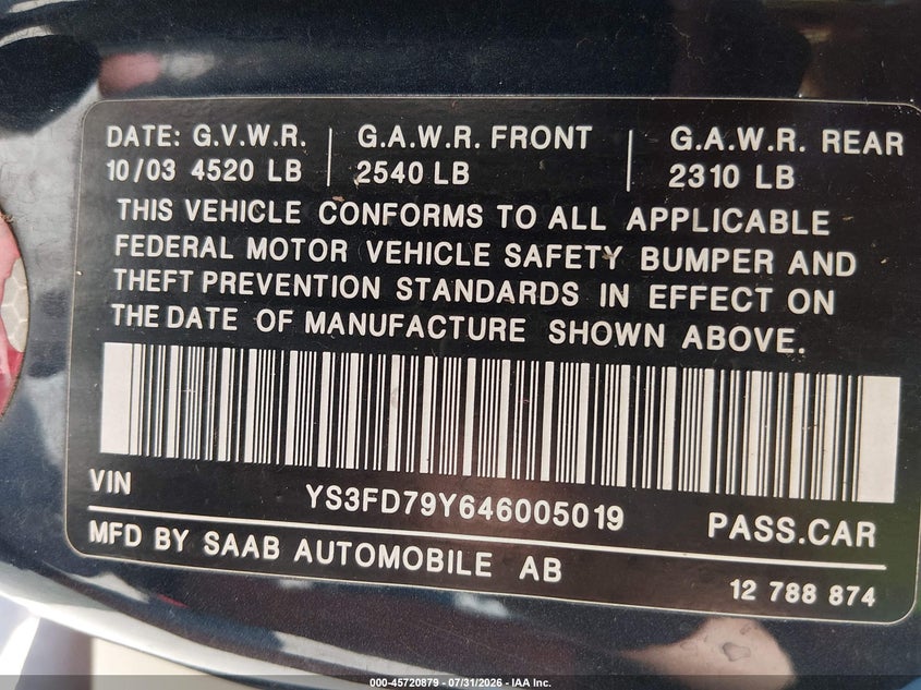 2004 Saab 9-3 VIN YS3FD79Y646005019 IAAI salvage auction — NORMAL WEAR, Clear (Kansas), sold $275 on 2026-08-14 (photo 9)