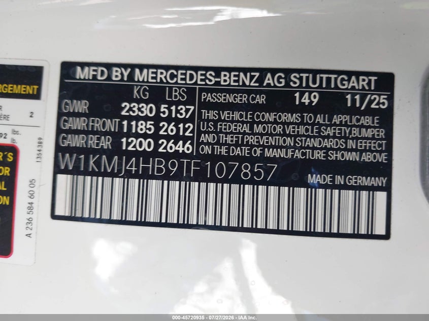 2026 Mercedes-benz Cle-klasse VIN W1KMJ4HB9TF107857 IAAI salvage auction — LEFT SIDE, Wait Title, sold $32,750 on 2026-09-15 (photo 9)