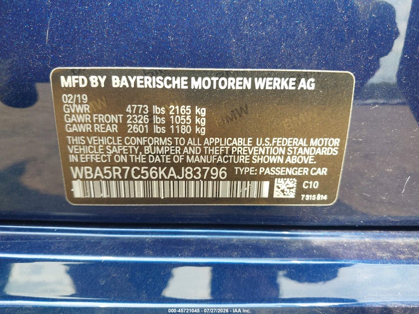 2019 BMW 3er VIN WBA5R7C56KAJ83796 IAAI salvage auction — RIGHT SIDE, Salvage Title, sold $7,500 on 2026-08-22 (photo 9)
