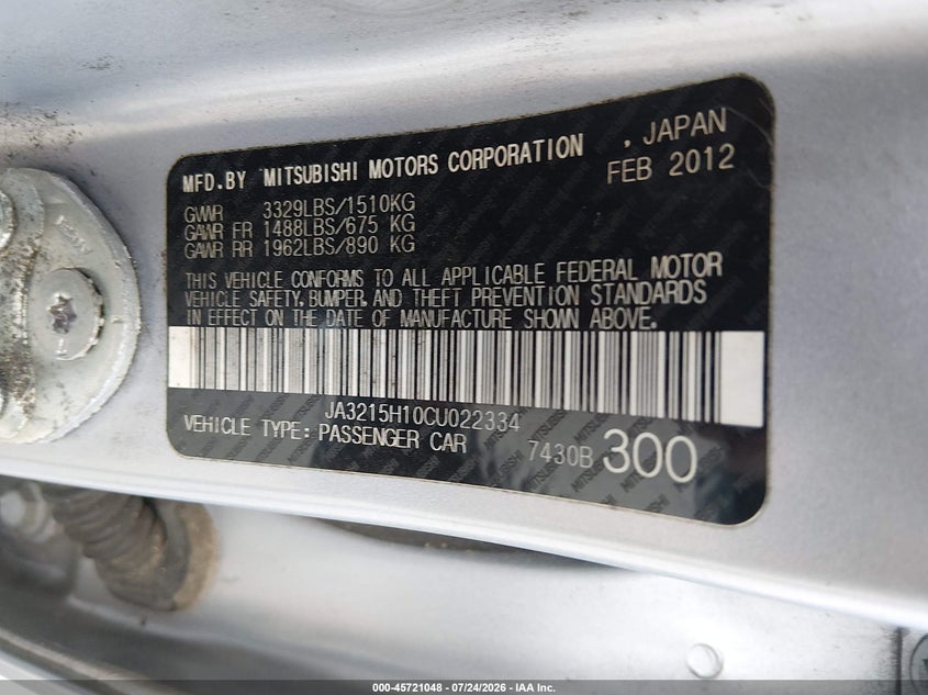 2012 Mitsubishi I miev VIN JA3215H10CU022334 IAAI salvage auction — NORMAL WEAR, Original (Texas), sold $1,325 on 2026-07-31 (photo 9)