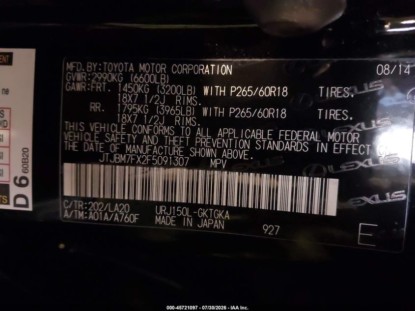 2015 Lexus Gx VIN JTJBM7FX2F5091307 IAAI salvage auction — LEFT SIDE, Clear (Michigan), sold $12,150 on 2026-08-25 (photo 9)