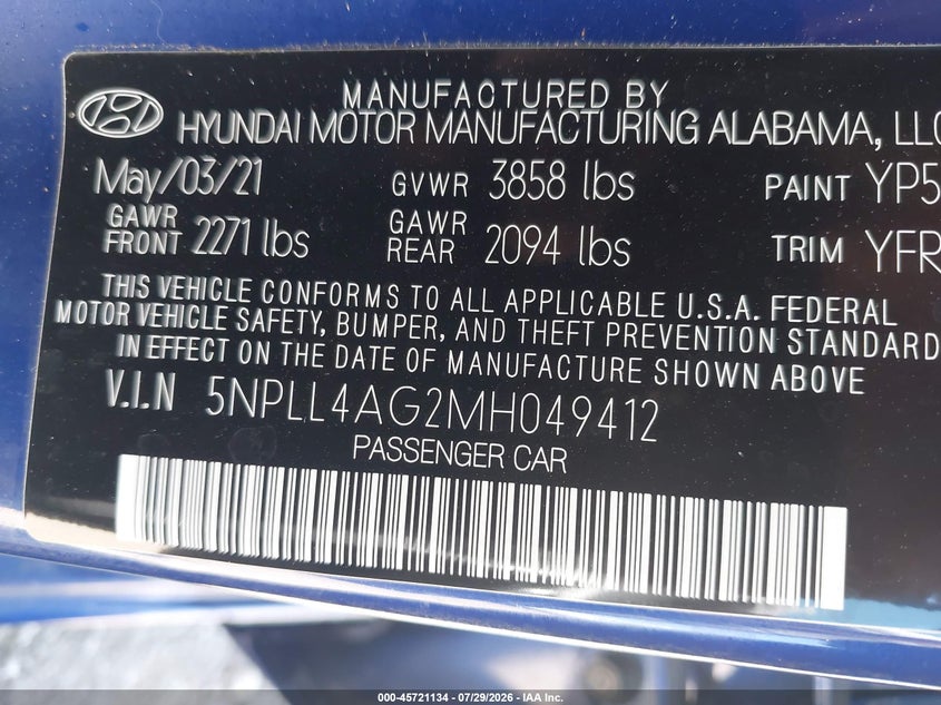 2021 Hyundai Elantra VIN 5NPLL4AG2MH049412 IAAI salvage auction — NORMAL WEAR, SF97 (California), sold $14,000 on 2026-08-25 (photo 9)