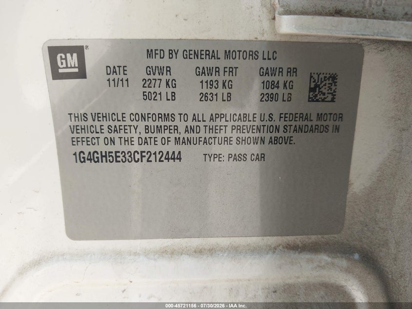 2012 Buick Lacrosse VIN 1G4GH5E33CF212444 IAAI salvage auction — RIGHT SIDE, Wait Title, sold $300 on 2026-08-27 (photo 9)