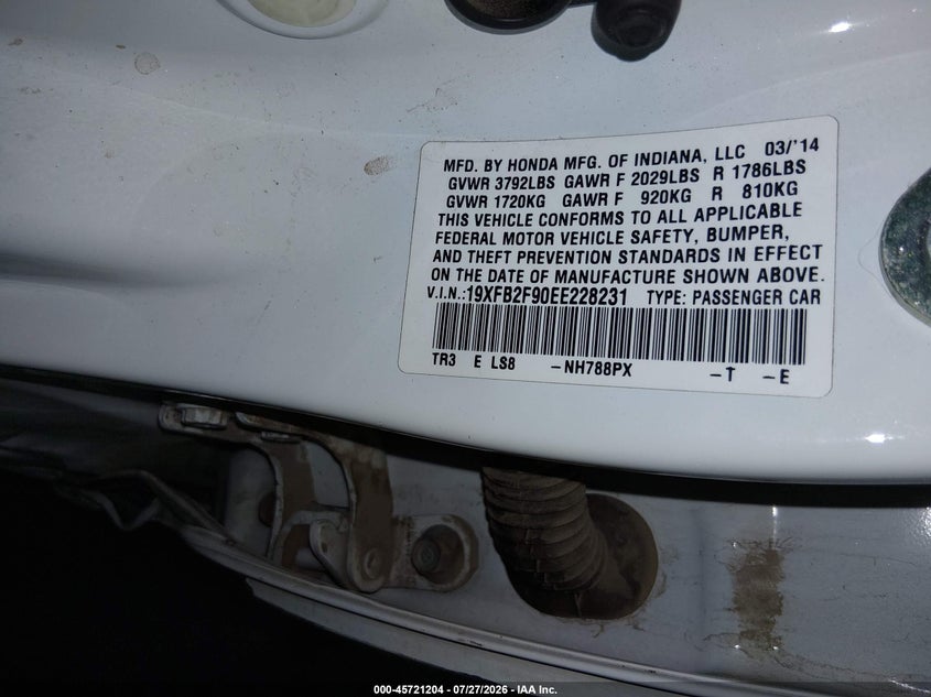 2014 Honda Civic VIN 19XFB2F90EE228231 IAAI salvage auction — SIDE, Salvage Title, sold $3,600 on 2026-08-23 (photo 9)