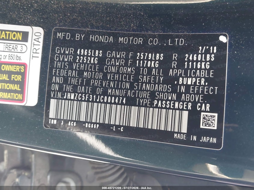 2018 Honda Clarity VIN JHMZC5F31JC008474 IAAI salvage auction — FRONT END, Bill Of Sale (Washington), sold $3,450 on 2026-08-07 (photo 9)