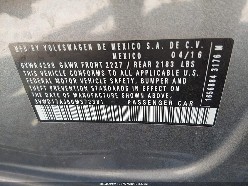 2016 Volkswagen Jetta VIN 3VWD17AJ6GM372381 IAAI salvage auction — LEFT SIDE, Salvage (Mississippi), sold $2,900 on 2026-08-28 (photo 9)