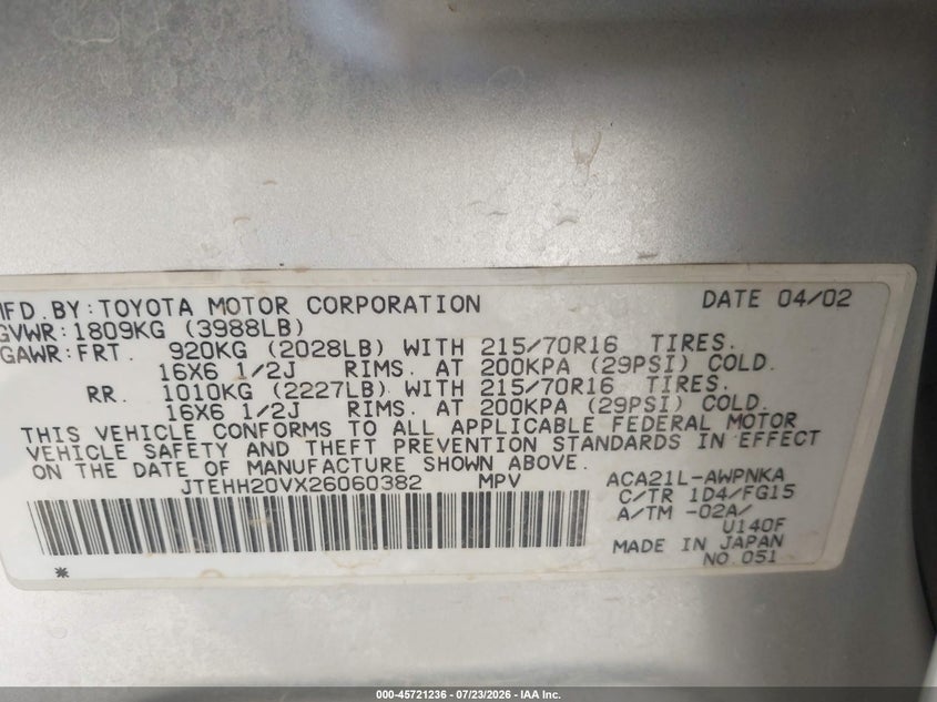 2002 Toyota Rav4 VIN JTEHH20VX26060382 IAAI salvage auction — NORMAL WEAR, Clear - Dealer Only (California), sold $725 on 2026-07-28 (photo 9)