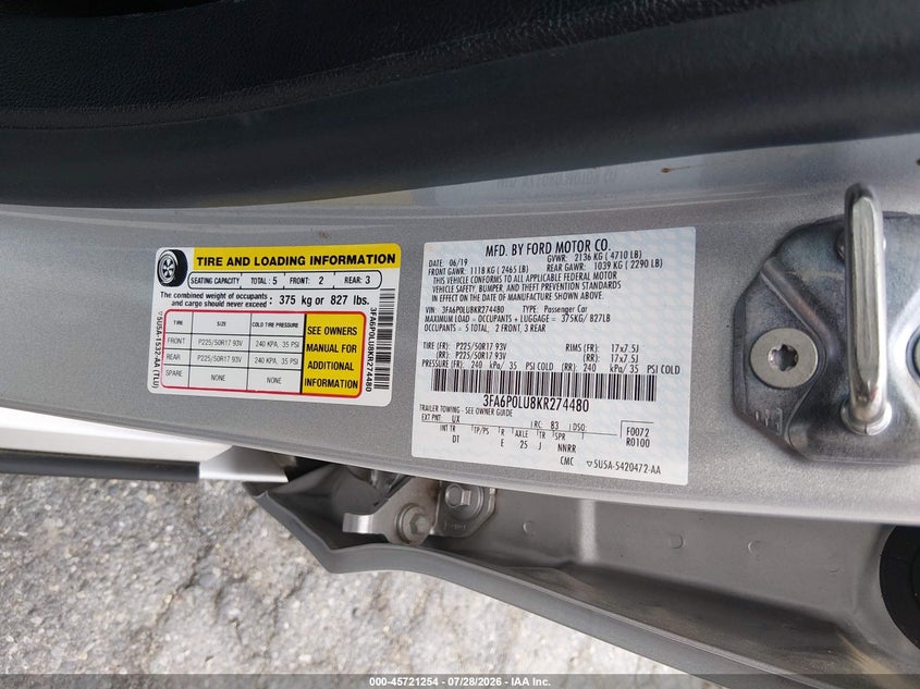 2019 Ford Fusion VIN 3FA6P0LU8KR274480 IAAI salvage auction — NORMAL WEAR, SF97 (Maryland), sold $12,400 on 2026-09-08 (photo 9)