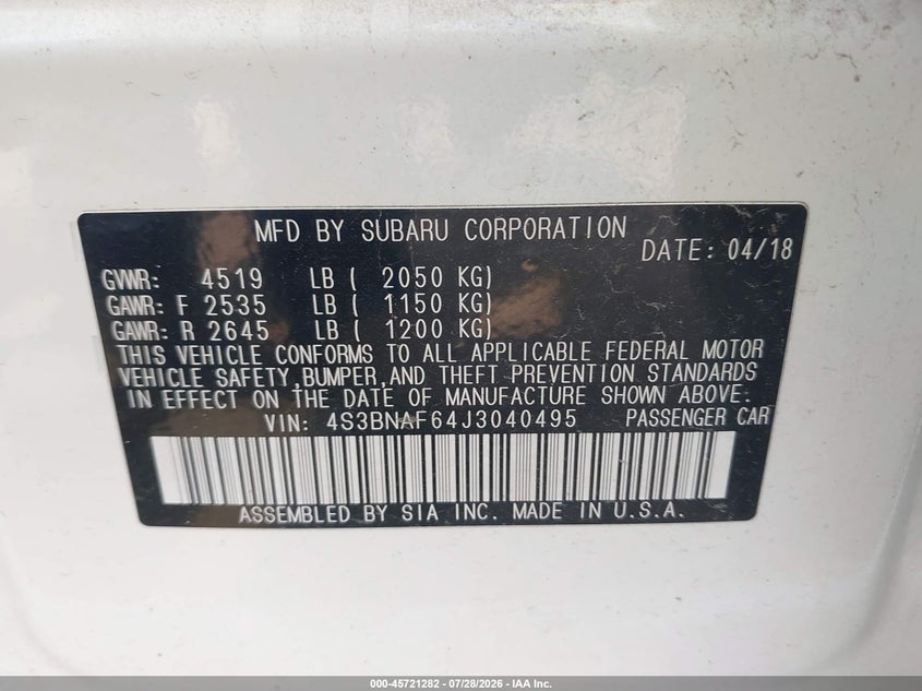 2018 Subaru LEGACY VIN 4S3BNAF64J3040495 IAAI salvage auction — FRONT END, Salvage Title, sold $1,750 on 2026-08-29 (photo 9)